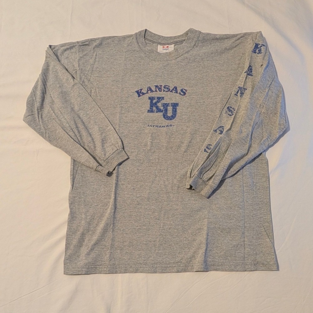 Vintage Dodger Kansas Jayhawks KU Long Sleeve T-Shirt Gray Mens XL Made in USA